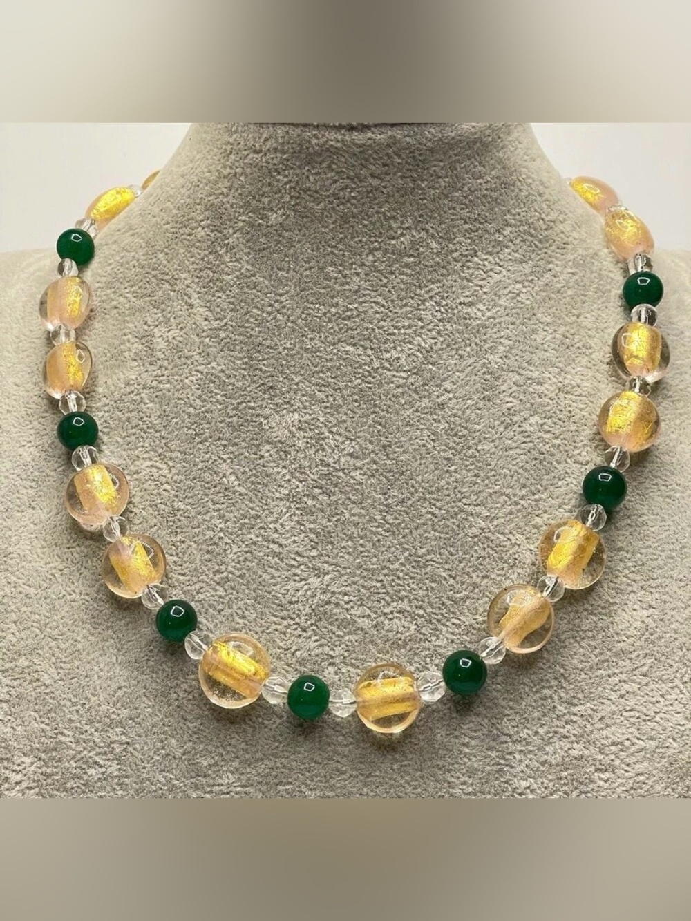Artisan Handcrafted Emerald Green Gemstone Murano Foil Glass Beaded Necklace
